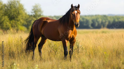 Majestic Wild Horse Stands Proud in the Golden Grasslands of the Steppe Under the Warm Sun at Midday