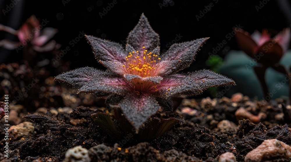 Dark succulent bloom, close-up, soil, studio. Botanical photography for websites Dark succulent bloom, close-up, soil, studio. Botanical photography for websites