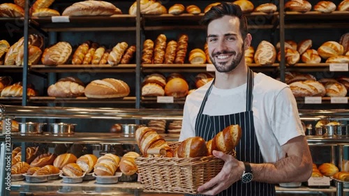 Smiling Young Baker Holding Basket Of Fresh Bread In Bakery Shop, Artisan Food Scene Video 4K