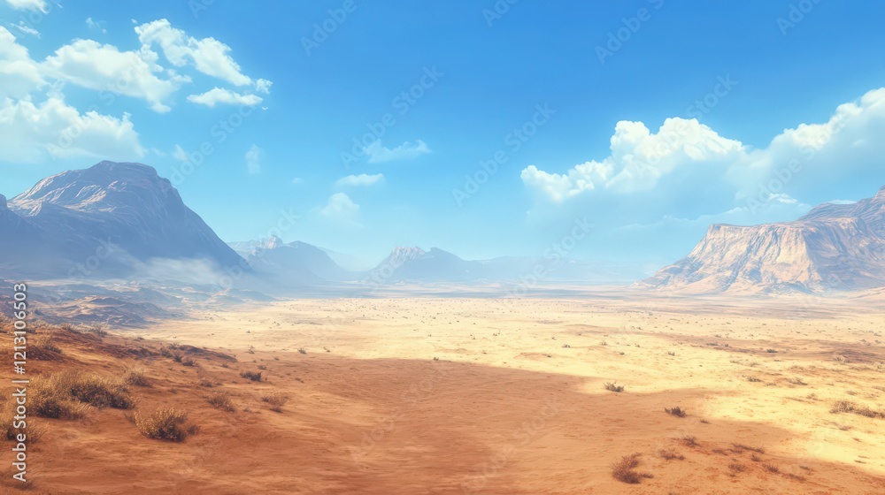 Fototapeta premium Expansive desert landscape under a bright blue sky with scattered clouds and distant mountains