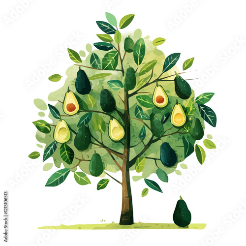 Avocado Tree with Fruit Watercolor Flat Illustration | Healthy Fruit Tree Artwork for Logos & Digital Designs  
