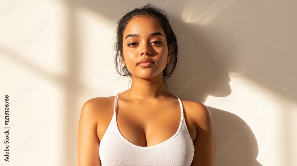 Young Woman Posing in Sunlight Wearing a White Top