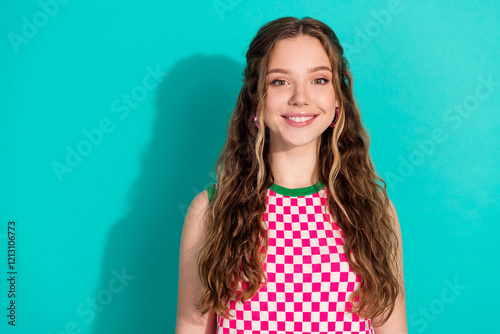 Photos Photo of lovely young girl beaming smile empty space wear checkered dress isolat