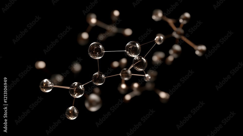 Floating molecular structure with visible atomic links and transparency on black background Floating molecular structure with visible atomic links and transparency on black background