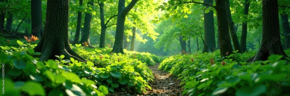 Lush spring green undergrowth in a dense forest environment, woods, scenery, greens Lush spring green undergrowth in a dense forest environment, woods, scenery, greens