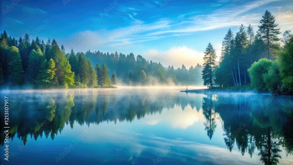 A tranquil forest lake scene with a light blue misty atmosphere, lake, peacefulness, trees, landscape