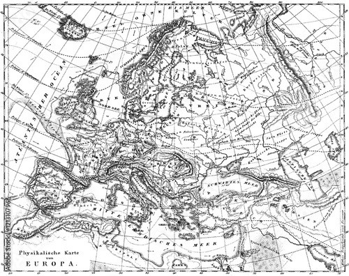 Old geographical map. Vintage map engraving. Physical map of European contries. Top view map. World map set, cartography, geography, travel, navigation. photo