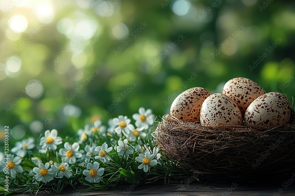 Fototapeta premium Basket with easter eggs on blurred green background