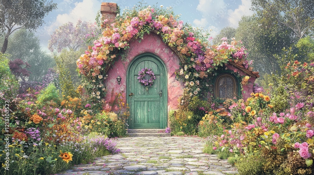 Fototapeta premium Flower-covered cottage, garden path, idyllic scene, dreamy background, fairytale home
