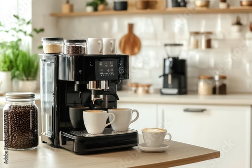 Contemporary coffee maker with cups milk and a jar of beans on a kitchen table