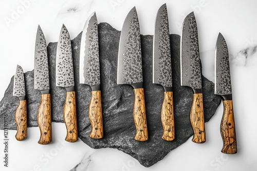 Contemporary chef s knife collection on dark stone surface photo