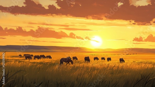 Wallpaper Mural A vast grassland with a herd of wild horses running freely beneath a setting sun. Torontodigital.ca