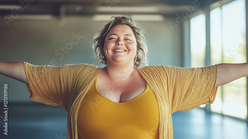 A radiant portrait of a confident, smiling overweight woman in a gym setting, exuding positivity, self-love, and dedication to health and wellness. Free Download A radiant portrait of a confident, smiling overweight woman in a gym setting, exuding positivity, self-love, and dedication to health and wellness. - GFXLoad