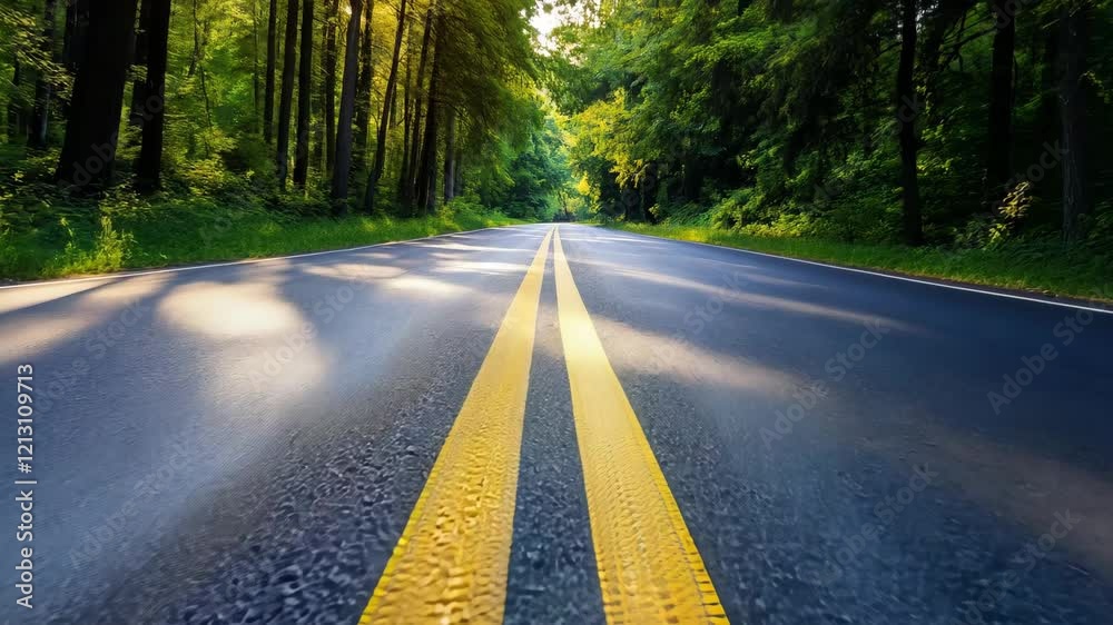A tranquil asphalt road with double solid yellow line passing through green forest under warm sunlight