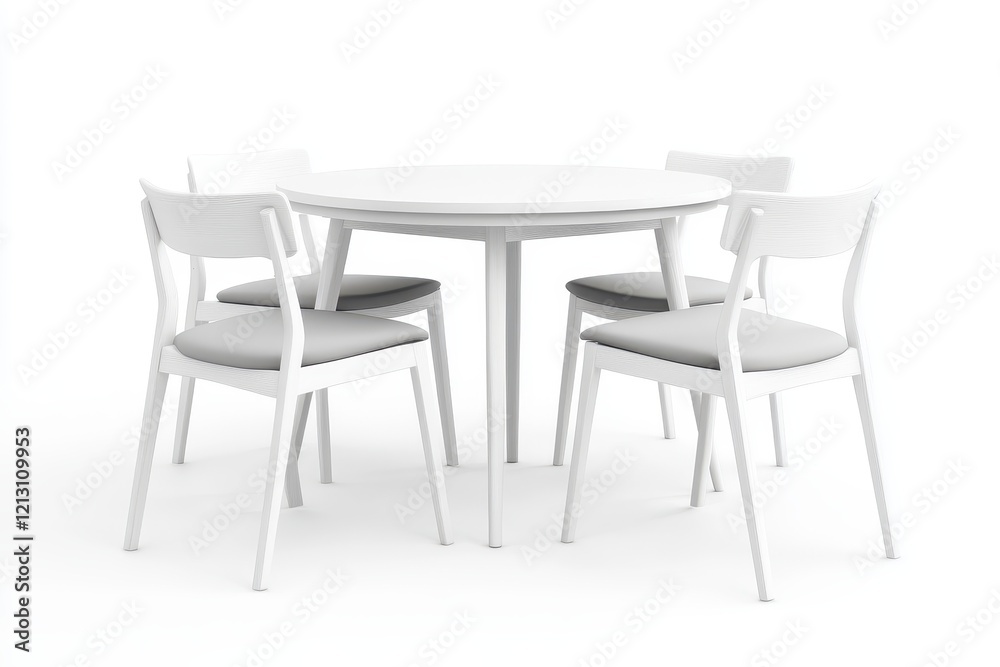 Obraz premium Contemporary round white wood dining set with four chairs displayed on a white background