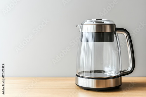 Contemporary see through electric kettle on a wooden kitchen table Appliance for boiling