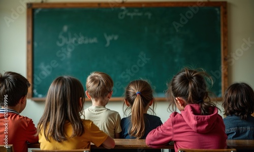 Back view of attentive children in a classroom, sitting at desks and focusing on a green chalkboard, symbolizing education, learning, and academic growth