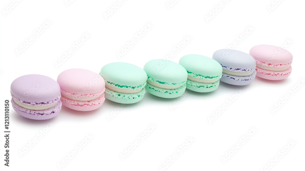 Fototapeta premium Pastel-colored macarons arranged in a row on a white background. A delightful treat for the eyes and the palate.
