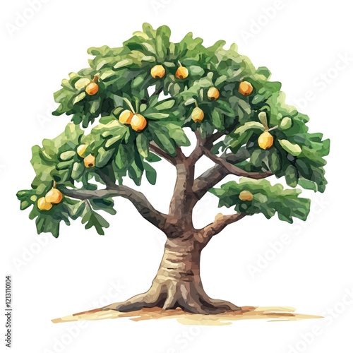 Baobab Tree with Fruit – Majestic Watercolor Botanical Illustration, Iconic Tree with Ripe Fruit Painting, Nature-Inspired Artwork, Vibrant and Unique Baobab Tree Design.  
