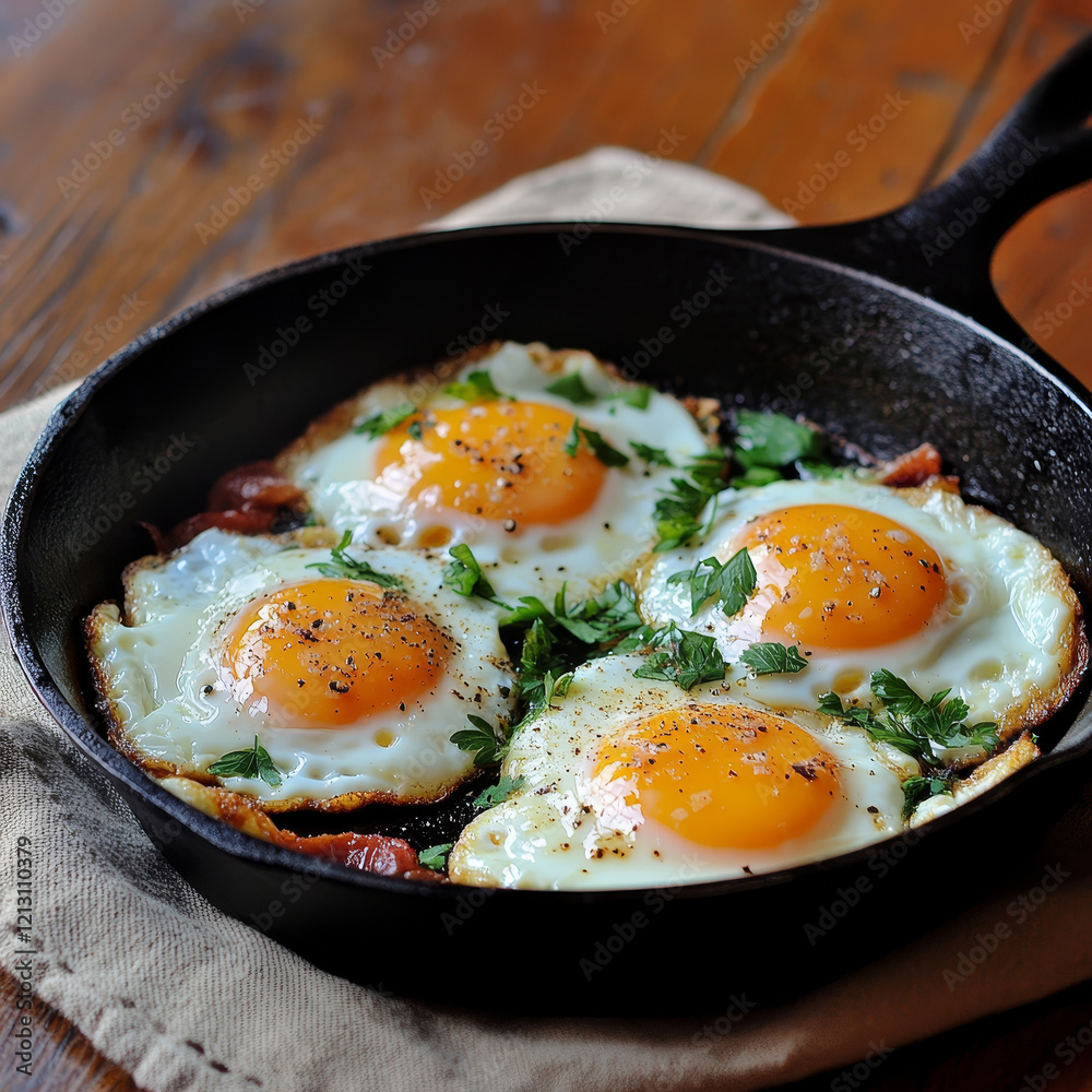 Sunny-side up eggs in a cast iron skillet.