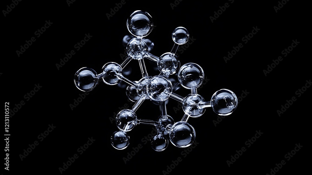 Clear atomic bonds forming intricate molecular structure on a pitch-black background Clear atomic bonds forming intricate molecular structure on a pitch-black background