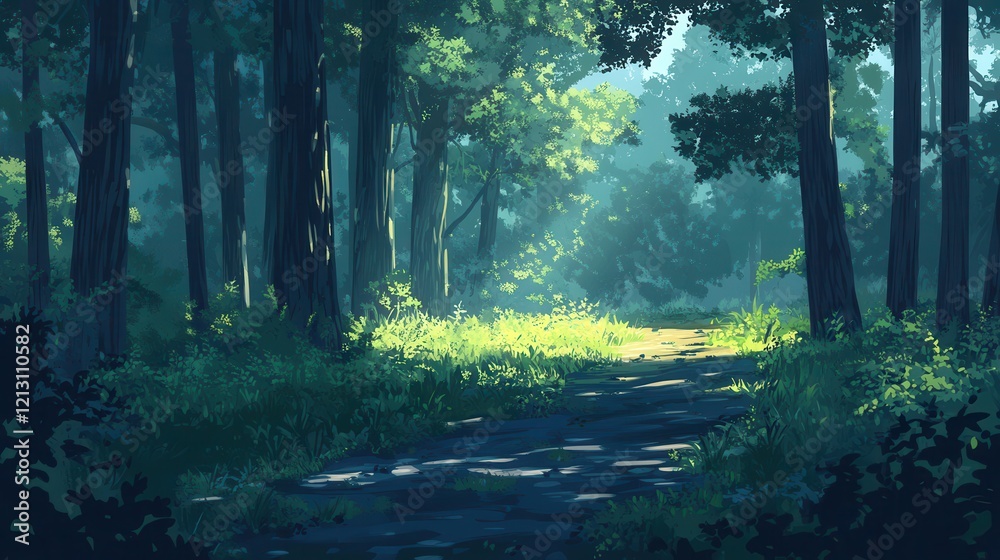 Fototapeta premium Sunlit Path Through A Lush Green Forest