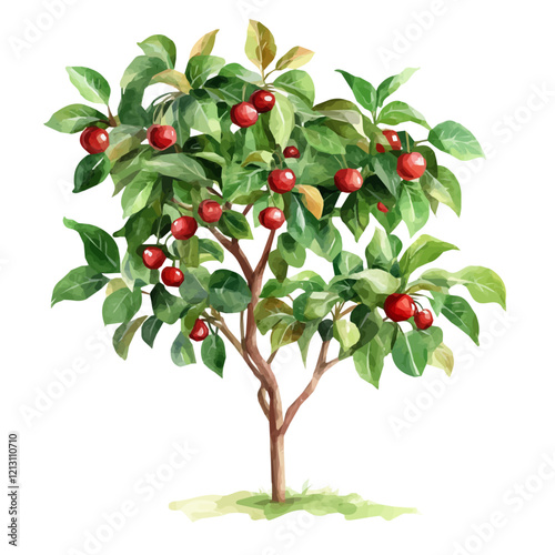 Barbados Cherry Tree with Fruit – Lush Watercolor Botanical Illustration, Tropical Fruit Tree Painting, Nature-Inspired Artwork, Vibrant Cherry Tree Design with Ripe Fruits.  
