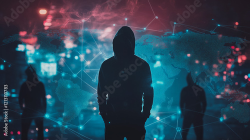 Hacker are planning to hack and attack networks and cyber security systems.team people innovation connection of line from nail node to node on map background , networking concept