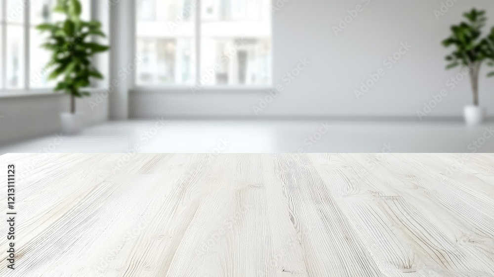 Fototapeta premium White wooden table in bright office, plants blurred background; product display