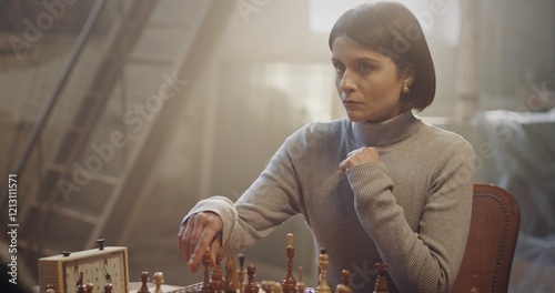 A Focused Chess Player Intently Competing in a Dimly Lit Room Filled with Intense Concentration