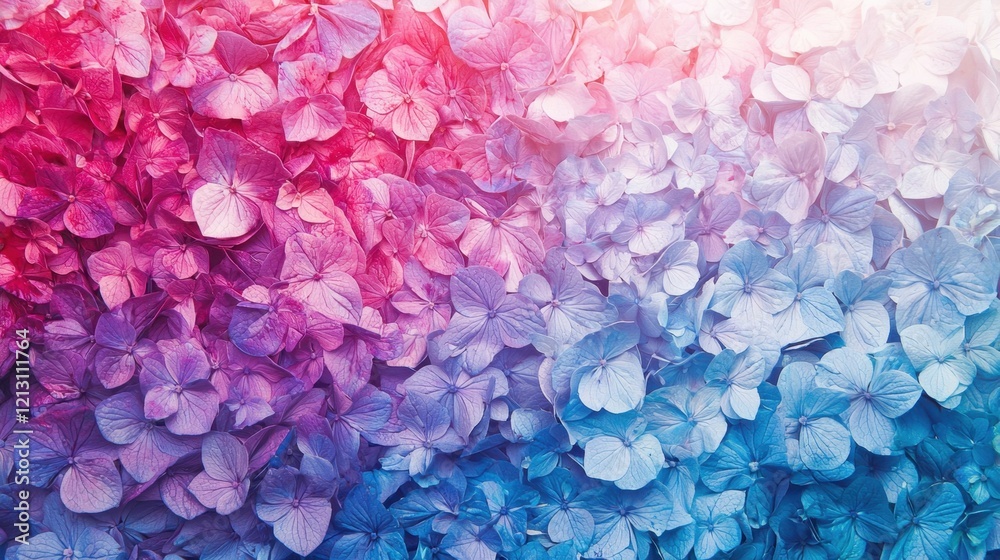 Obraz premium A beautiful arrangement of hydrangea flowers showcases shades of pink and blue, creating a captivating visual effect in a serene garden environment during daylight