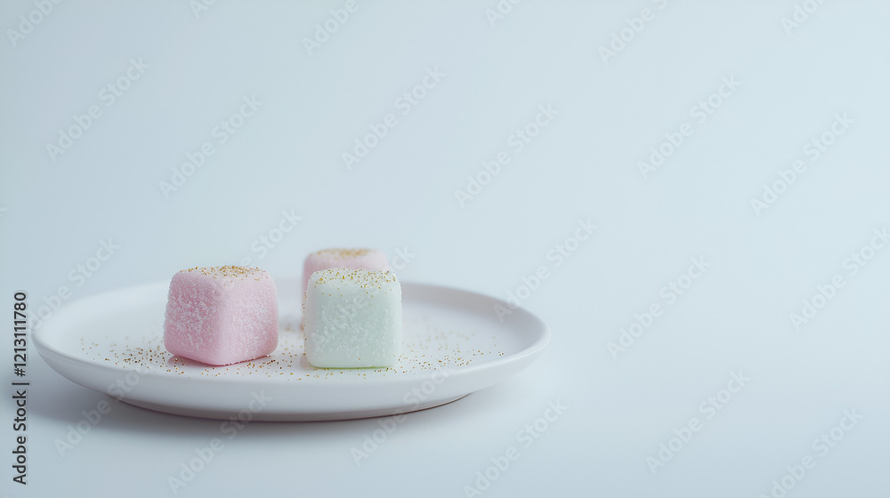 Pastel-colored cubed candies on a white plate, delicately dusted with gold. A minimalist sweet treat. Pastel-colored cubed candies on a white plate, delicately dusted with gold. A minimalist sweet treat.