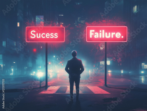 Ambitious Businessman Facing a Crossroads Decision Under Neon Lights job city path goal work life    photo