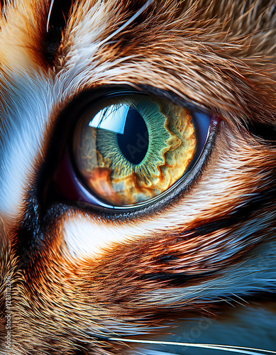 A close-up of a cat's eye showing intricate details and reflections. photo