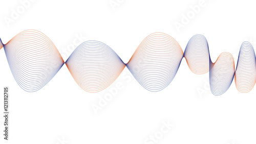 Vector curvy abstract line art wavy flowing dynamic blue and orange in concept music or sound, wave, wind, information flow