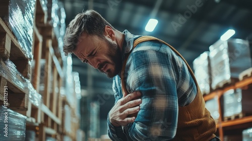 A man is visibly in pain, grasping his shoulder in a busy warehouse. He appears to be taking a moment to recover after lifting a heavy load among shelves stacked with goods