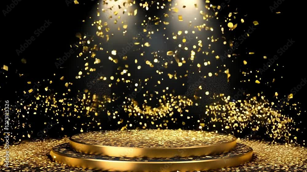 Gold confetti showers over a luxurious stage with black backdrop illuminated by bright lights, creating a festive atmosphere for a special event