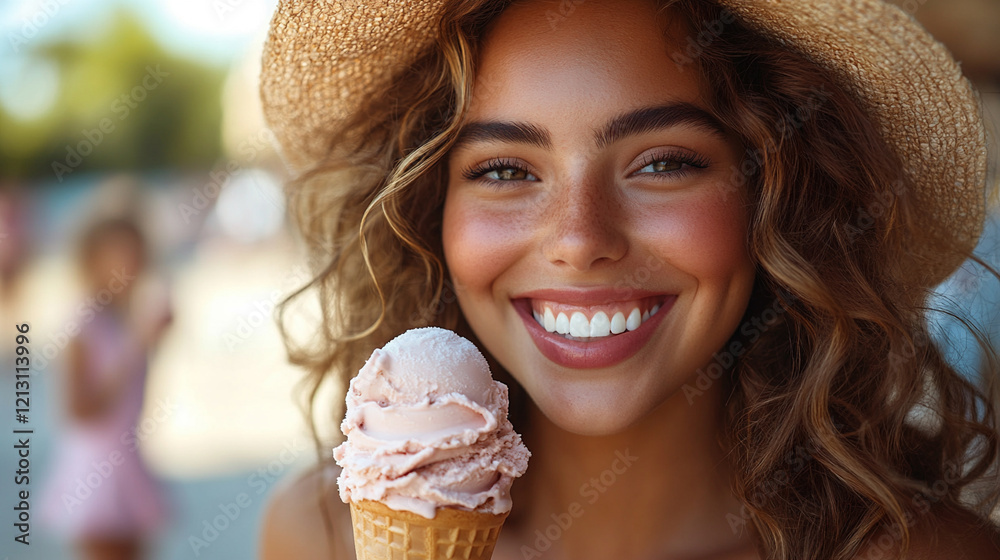 Plus-size Woman Enjoying Ice Cream in Sunny Outdoor Setting With Joyful Expression Plus-size Woman Enjoying Ice Cream in Sunny Outdoor Setting With Joyful Expression