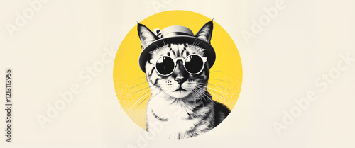 Vector T-shirt design Dog wearing sunglasses and cowboy hat against green background Cat wearing sunglasses and a hat against a yellow background
