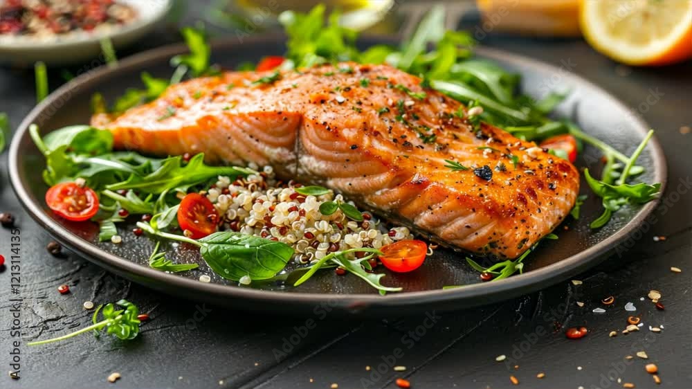 Delicious grilled salmon fish served on plate with fresh greens, quinoa, cherry tomatoes, and herbs, creating vibrant and healthy meal. Delicious grilled salmon fish served on plate with fresh greens, quinoa, cherry tomatoes, and herbs, creating vibrant and healthy meal.