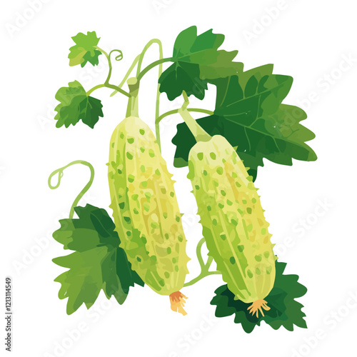 Bitter Melon Vine with Ripe Fruit – Lush Watercolor Depiction, Intricate Vine Artwork, Fresh and Bold Botanical Painting.  
