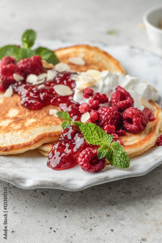Homemade pancakes with yoghurt, berries and raspberry jam. Maslenitsa or Pancake day breakfast on gray background close up Homemade pancakes with yoghurt, berries and raspberry jam. Maslenitsa or Pancake day breakfast on gray background close up