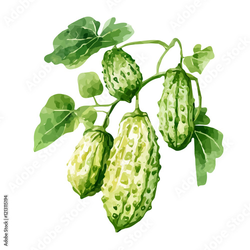 Bitter Melon Vine with Fruit – Detailed Watercolor Botanical Illustration, Exotic Vine Plant Painting, Nature-Inspired Artwork, Vibrant and Unique Bitter Melon Design.  

