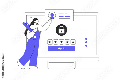 ID verification, identification for access to personal data information. Woman with key, login and password form page. Flat Cartoon Vector Illustration, icon. Stylish abstract 