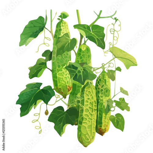 Bitter Melon Vine with Fruit – Detailed Watercolor Botanical Illustration, Exotic Vine Plant Painting, Nature-Inspired Artwork, Vibrant and Unique Bitter Melon Design.  
