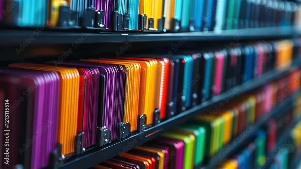 Colorful library bookshelf shifts focus highlighting vibrant book spines in layers Colorful library bookshelf shifts focus highlighting vibrant book spines in layers