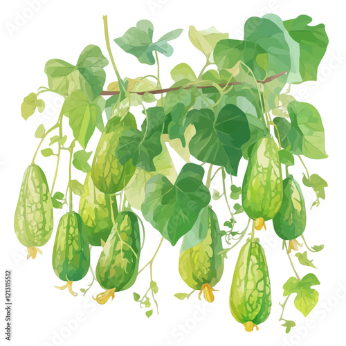 Bitter Melon Vine with Fruit – Detailed Watercolor Botanical Illustration, Exotic Vine Plant Painting, Nature-Inspired Artwork, Vibrant and Unique Bitter Melon Design.  
