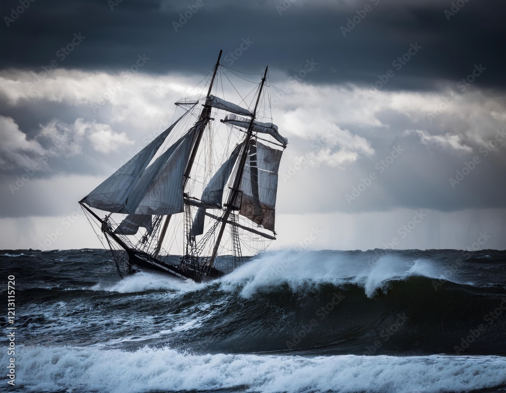 Fototapeta premium Wildfire battles stormy waves aboard a deteriorating ship in the turbulent sea