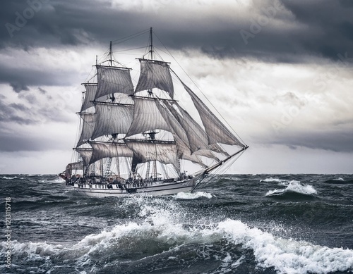 Firefly sailing through powerful waves under a stormy sky in the open sea near Velichezna photo