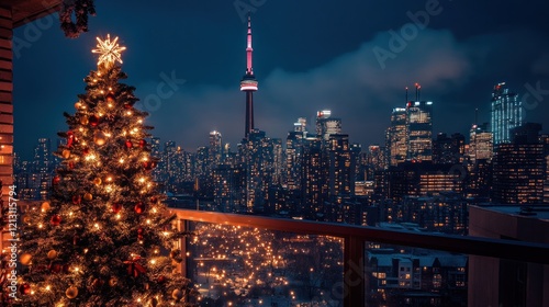 Cityscape Christmas tree balcony night view